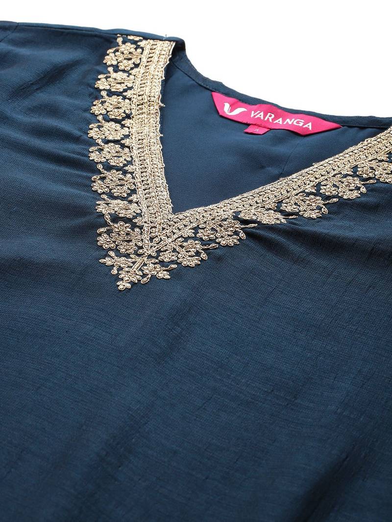 Blue Floral Embroidered V-Neck Regular Straight Kurta With Palazzo With Dupatta