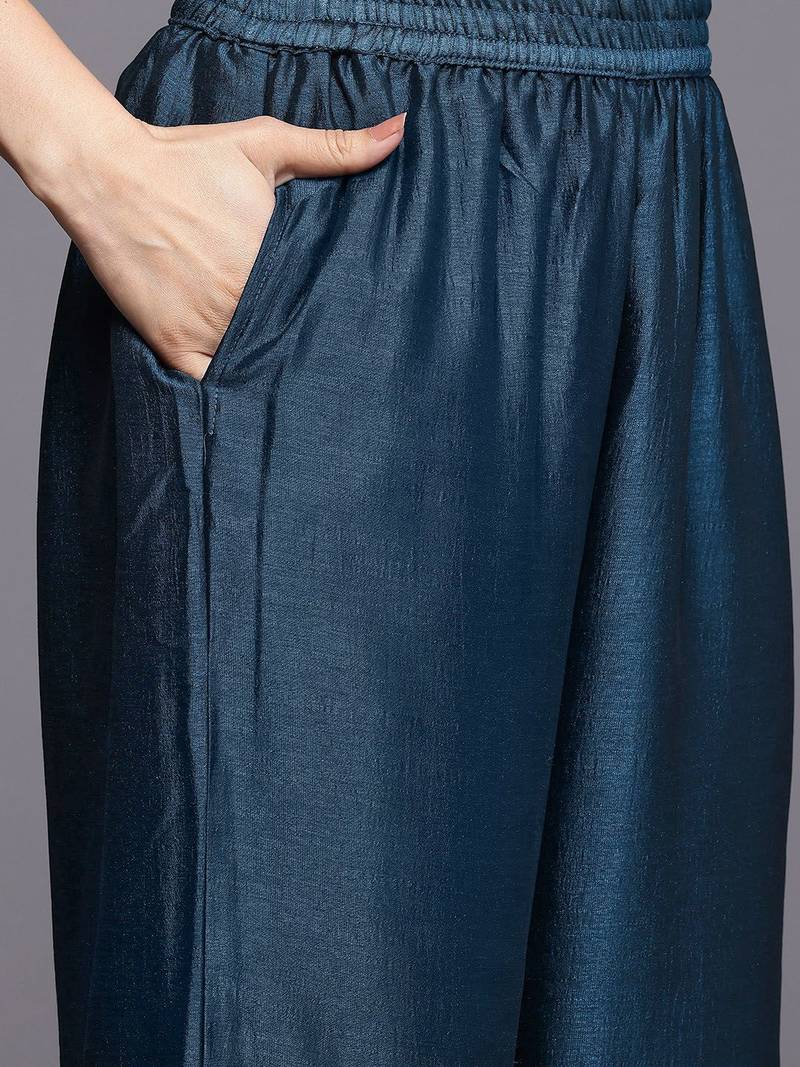 Blue Floral Embroidered V-Neck Regular Straight Kurta With Palazzo With Dupatta