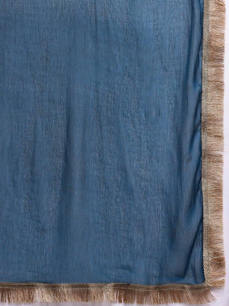 Blue Floral Embroidered V-Neck Regular Straight Kurta With Palazzo With Dupatta