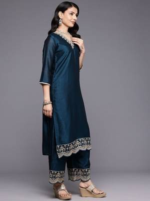 Blue Floral Embroidered V-Neck Regular Straight Kurta With Palazzo With Dupatta 5