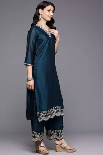 Blue Floral Embroidered V-Neck Regular Straight Kurta With Palazzo With Dupatta