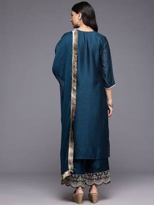 Blue Floral Embroidered V-Neck Regular Straight Kurta With Palazzo With Dupatta 6