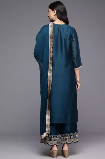 Blue Floral Embroidered V-Neck Regular Straight Kurta With Palazzo With Dupatta