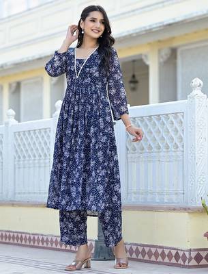 Navy Blue Floral Printed Empire Silk Georgette A-Line Kurta With Trouser 1