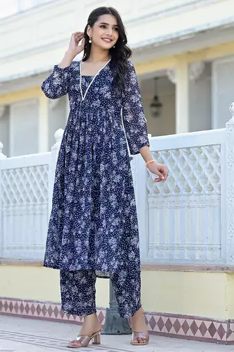 Navy Blue Floral Printed Empire Silk Georgette A-Line Kurta With Trouser