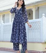 Navy Blue Floral Printed Empire Silk Georgette A-Line Kurta With Trouser