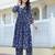 Navy Blue Floral Printed Empire Silk Georgette A-Line Kurta With Trouser