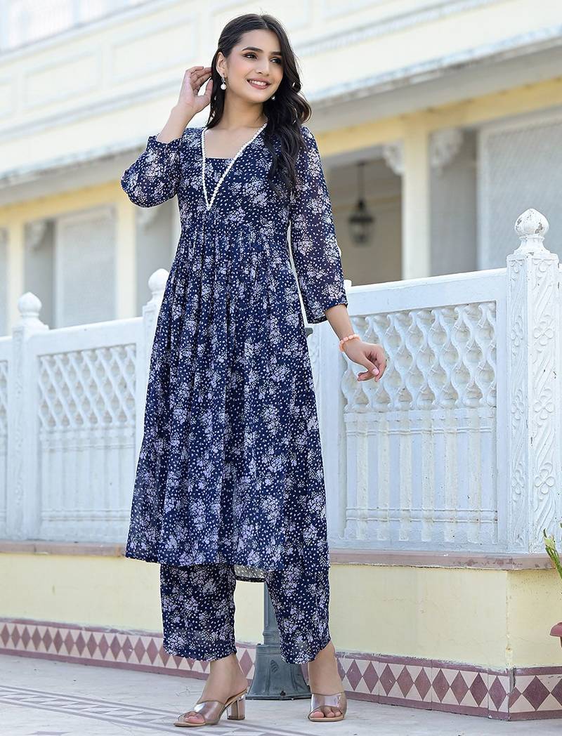Navy Blue Floral Printed Empire Silk Georgette A-Line Kurta With Trouser