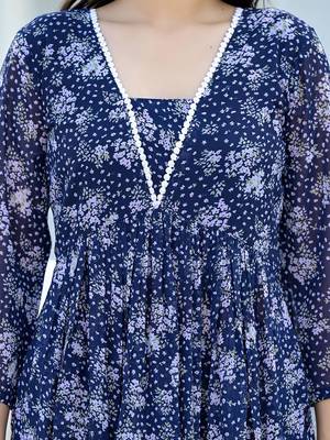 Navy Blue Floral Printed Empire Silk Georgette A-Line Kurta With Trouser 2
