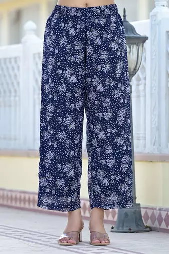 Navy Blue Floral Printed Empire Silk Georgette A-Line Kurta With Trouser