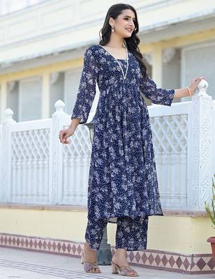 Navy Blue Floral Printed Empire Silk Georgette A-Line Kurta With Trouser 4