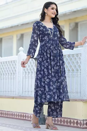 Navy Blue Floral Printed Empire Silk Georgette A-Line Kurta With Trouser