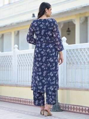 Navy Blue Floral Printed Empire Silk Georgette A-Line Kurta With Trouser 5