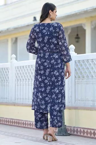 Navy Blue Floral Printed Empire Silk Georgette A-Line Kurta With Trouser