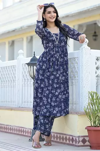 Navy Blue Floral Printed Empire Silk Georgette A-Line Kurta With Trouser