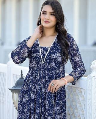 Navy Blue Floral Printed Empire Silk Georgette A-Line Kurta With Trouser 7