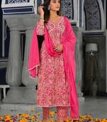 Women Floral Printed Pleated Pure Cotton Kurta with Trousers & With Dupatta