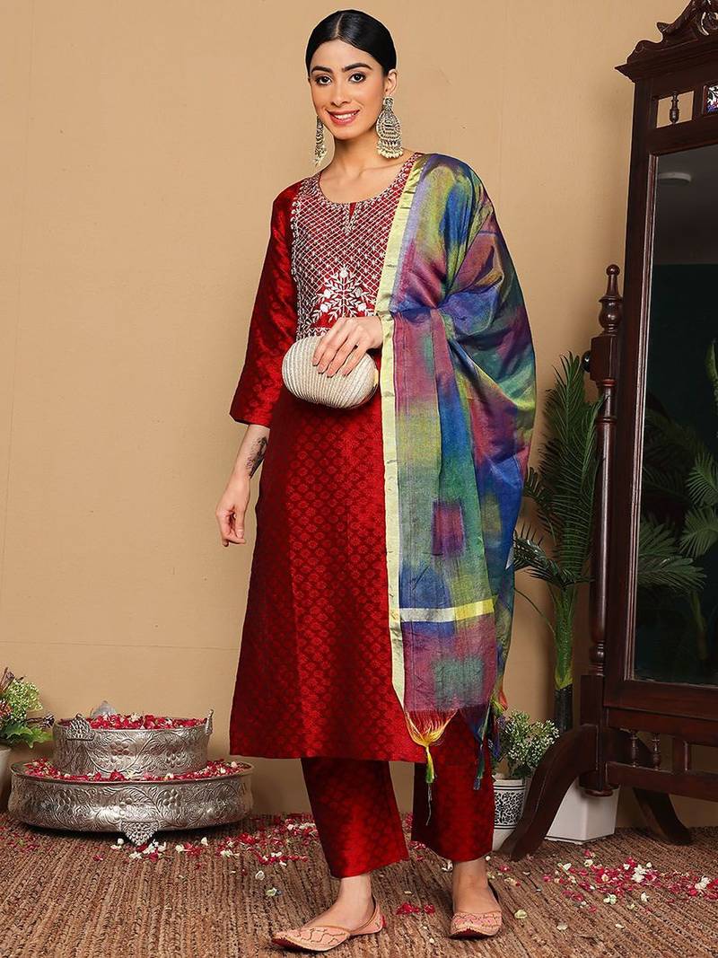 Women Ethnic Motifs Embroidered Regular Gotta Patti Kurta with Trousers & With Dupatta