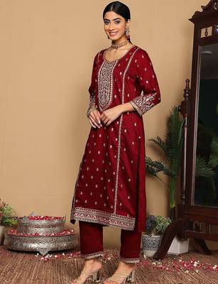 Women Ethnic Motifs Embroidered Regular Kurta with Trousers & With Dupatta 5