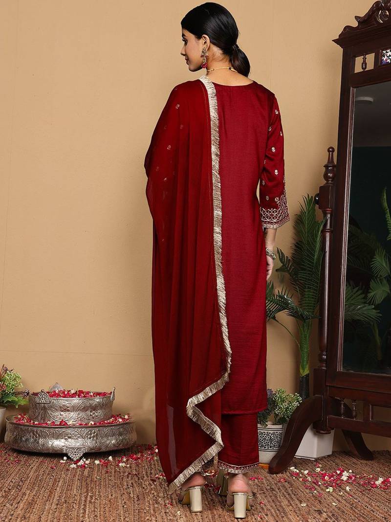 Women Ethnic Motifs Embroidered Regular Kurta with Trousers & With Dupatta