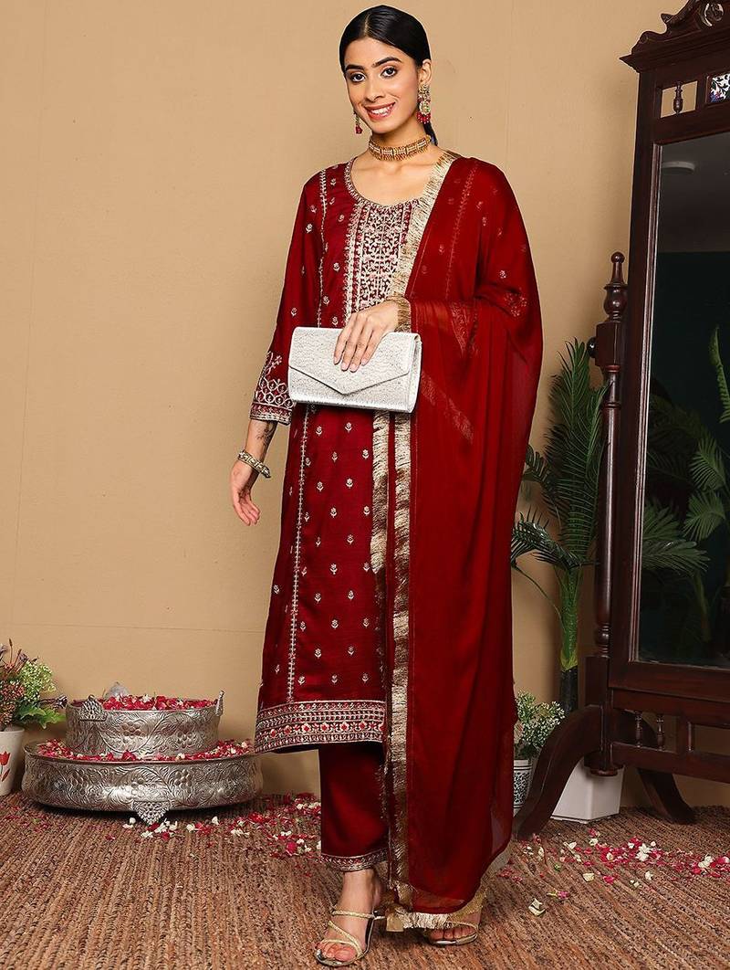 Women Ethnic Motifs Embroidered Regular Kurta with Trousers & With Dupatta