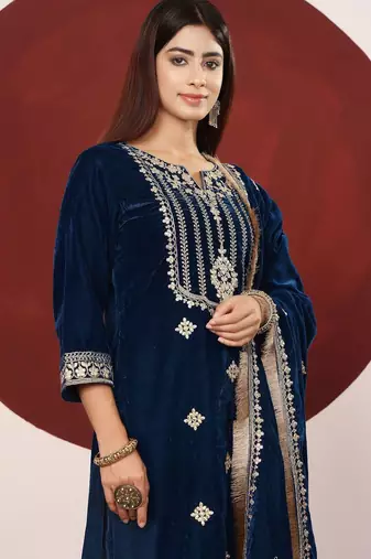 Teal Blue Floral Embroidered V-Neck Velvet Straight Kurta with Trousers & Dupatta