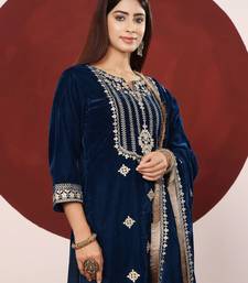 Teal Blue Floral Embroidered V-Neck Velvet Straight Kurta with Trousers & Dupatta