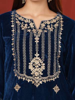 Teal Blue Floral Embroidered V-Neck Velvet Straight Kurta with Trousers & Dupatta 3