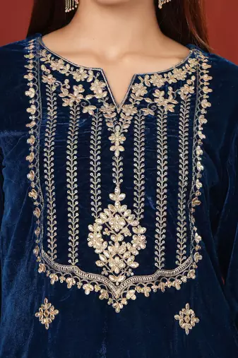 Teal Blue Floral Embroidered V-Neck Velvet Straight Kurta with Trousers & Dupatta