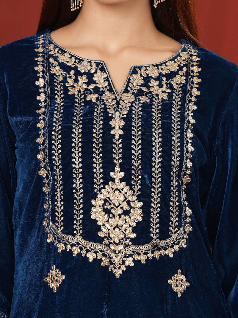 Teal Blue Floral Embroidered V-Neck Velvet Straight Kurta with Trousers & Dupatta