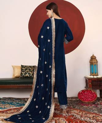 Teal Blue Floral Embroidered V-Neck Velvet Straight Kurta with Trousers & Dupatta 4