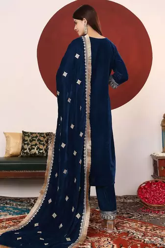 Teal Blue Floral Embroidered V-Neck Velvet Straight Kurta with Trousers & Dupatta