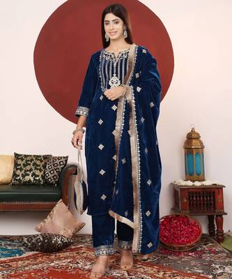 Teal Blue Floral Embroidered V-Neck Velvet Straight Kurta with Trousers & Dupatta 1