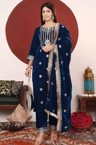 Teal Blue Floral Embroidered V-Neck Velvet Straight Kurta with Trousers & Dupatta