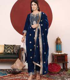 Teal Blue Floral Embroidered V-Neck Velvet Straight Kurta with Trousers & Dupatta