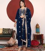 Teal Blue Floral Embroidered V-Neck Velvet Straight Kurta with Trousers & Dupatta