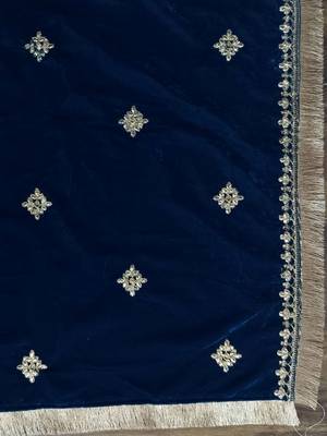Teal Blue Floral Embroidered V-Neck Velvet Straight Kurta with Trousers & Dupatta 5