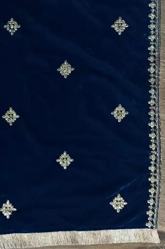 Teal Blue Floral Embroidered V-Neck Velvet Straight Kurta with Trousers & Dupatta