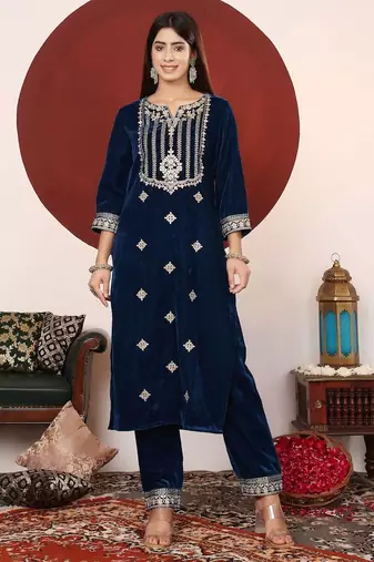 Teal Blue Floral Embroidered V-Neck Velvet Straight Kurta with Trousers & Dupatta