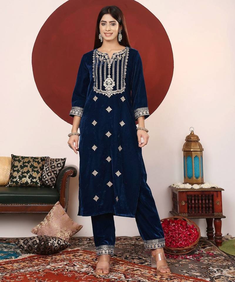 Teal Blue Floral Embroidered V-Neck Velvet Straight Kurta with Trousers & Dupatta