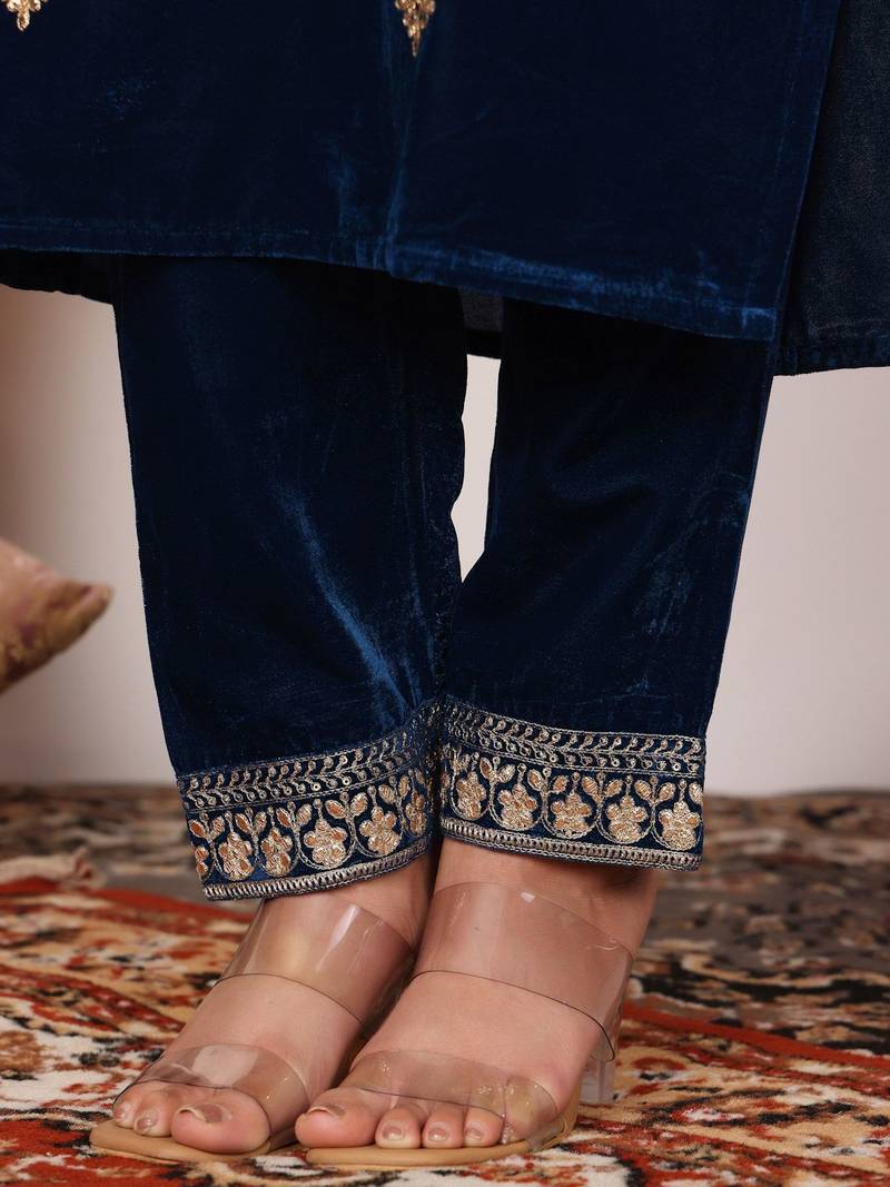 Teal Blue Floral Embroidered V-Neck Velvet Straight Kurta with Trousers & Dupatta