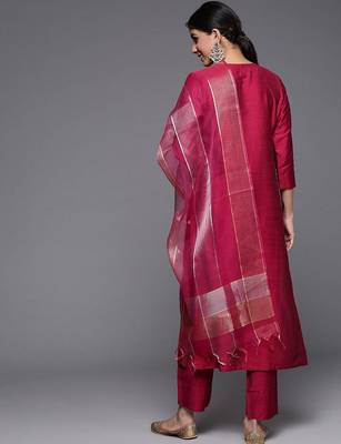 Floral Yoke Design Thread Work Straight Kurta & Trousers With Dupatta 6