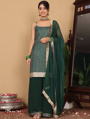 Bandhani Printed Beads and Stones Pure Silk Straight Kurta With Palazzo & Dupatta 1