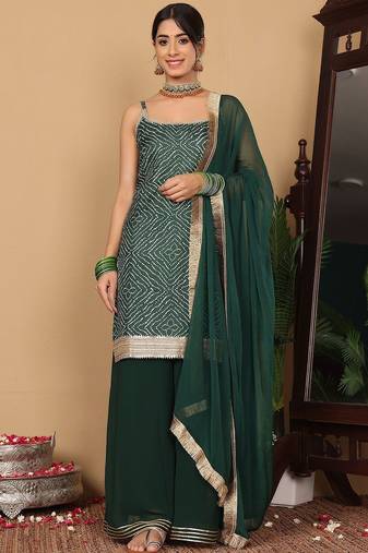 bandhani printed beads and stones  silk straight kurta with palazzo & dupatta