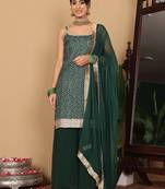 Bandhani Printed Beads and Stones Pure Silk Straight Kurta With Palazzo & Dupatta