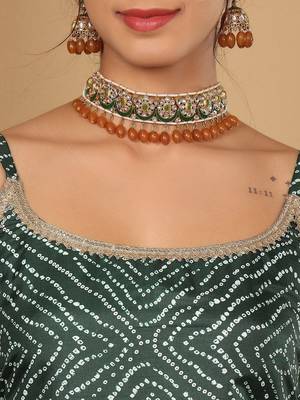 Bandhani Printed Beads and Stones Pure Silk Straight Kurta With Palazzo & Dupatta 2