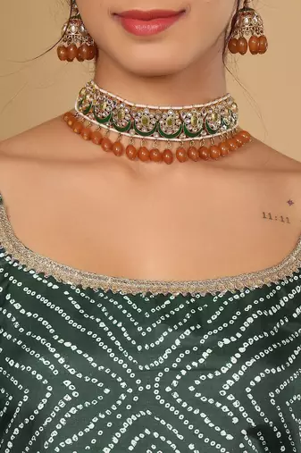 Bandhani Printed Beads and Stones Pure Silk Straight Kurta With Palazzo & Dupatta