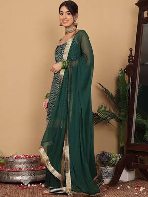 Bandhani Printed Beads and Stones Pure Silk Straight Kurta With Palazzo & Dupatta 5