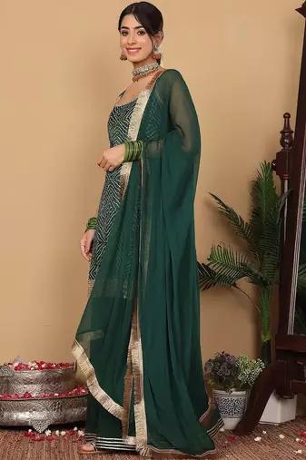 Bandhani Printed Beads and Stones Pure Silk Straight Kurta With Palazzo & Dupatta
