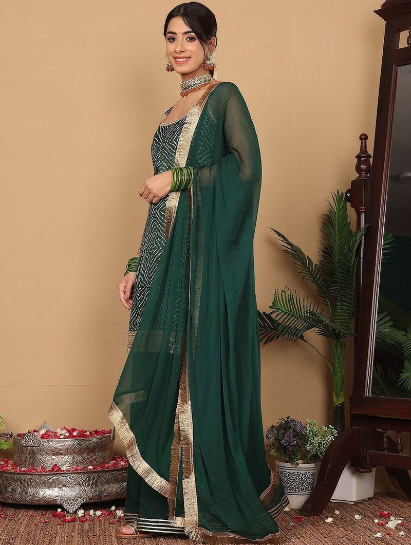 Bandhani Printed Beads and Stones Pure Silk Straight Kurta With Palazzo & Dupatta